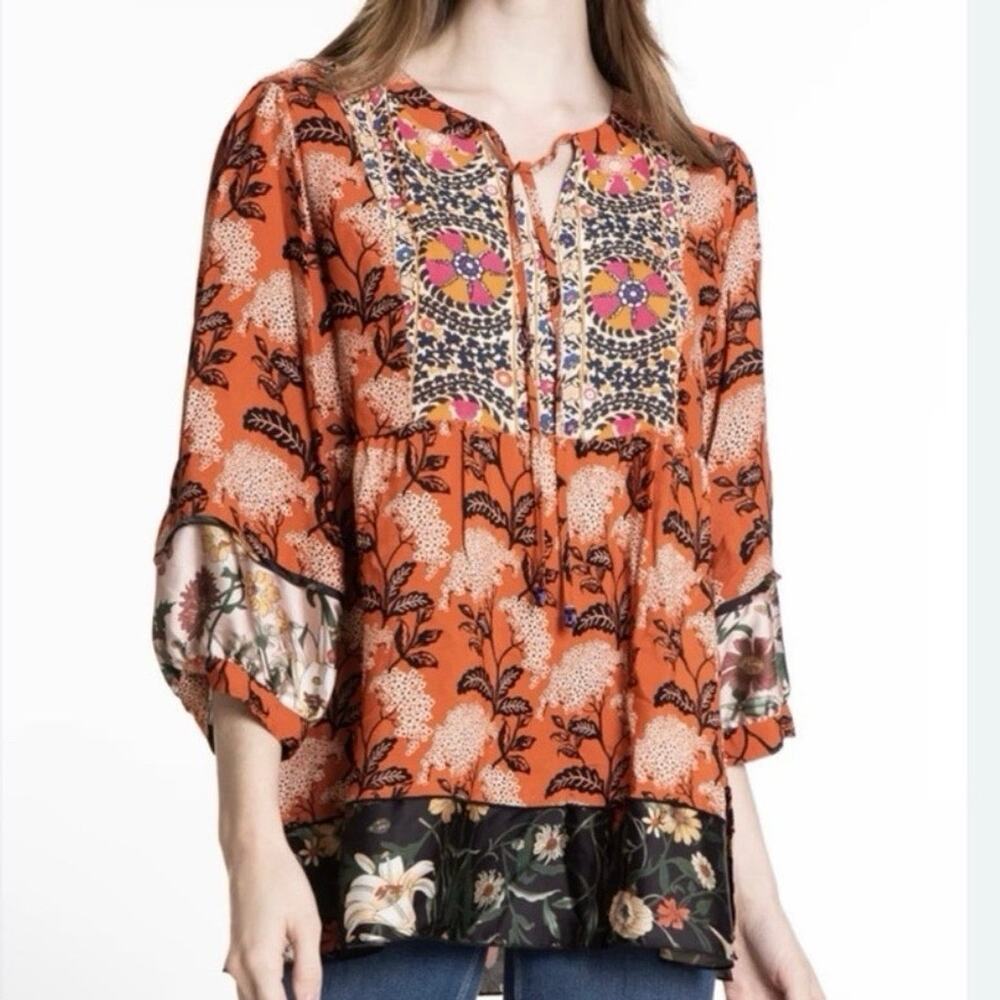 John Mark Blouse Size S Orange Artsy Boho Floral Mixed Print Tunic Top Flowy EUC